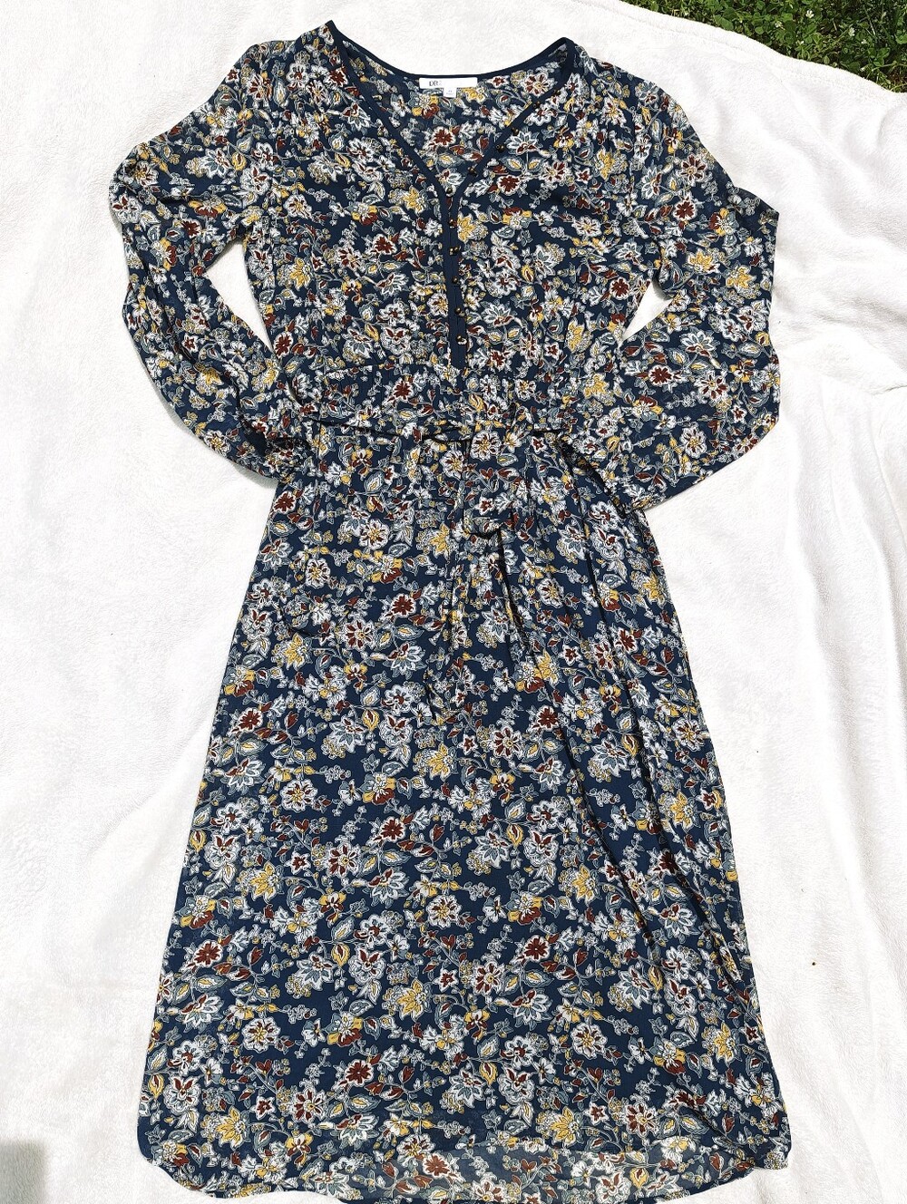 DR2 Anthropologie Womens Floral Neckline Button Midi Dress Blue Sz XS W/Tie EUC